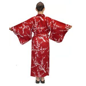 Made in Japan 100% Cotton Red White Asian Floral Pattern Original Kimono S M